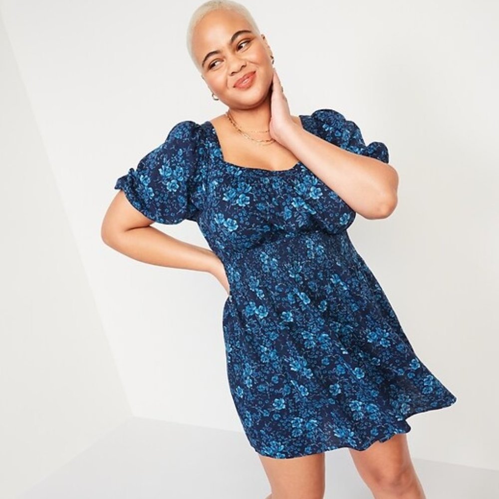 Old Navy Waist-Defined Puff-Sleeve Navy Floral-Print Smocked Mini Dress